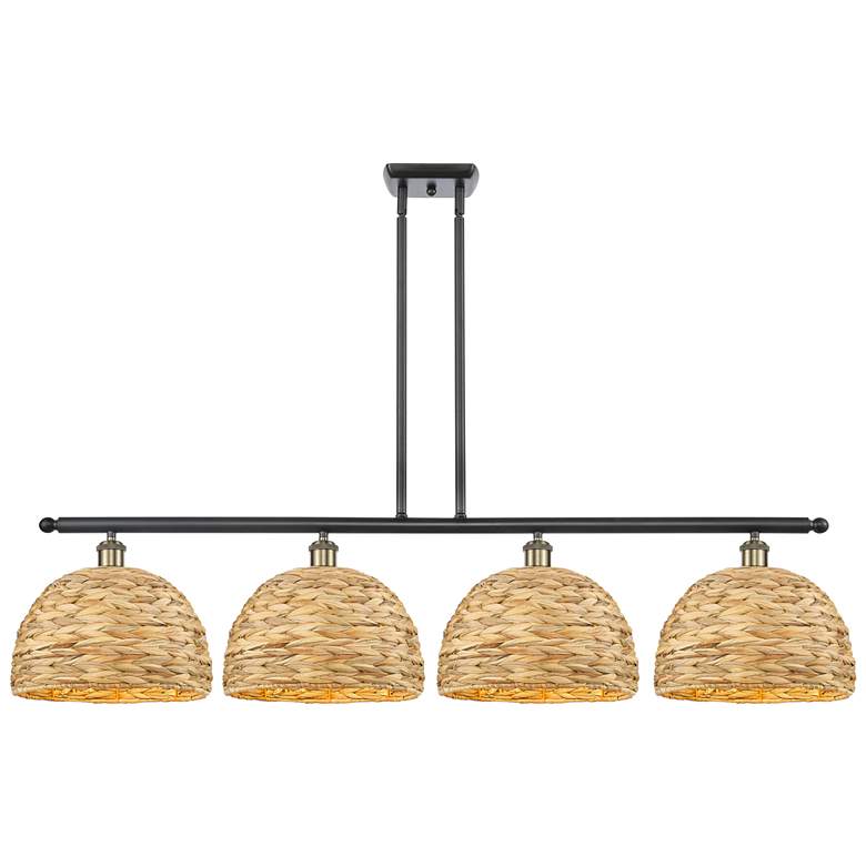 Image 1 Woven Rattan 50"W 4 Light Black Brass Stem Island Light w/ Natural Sha