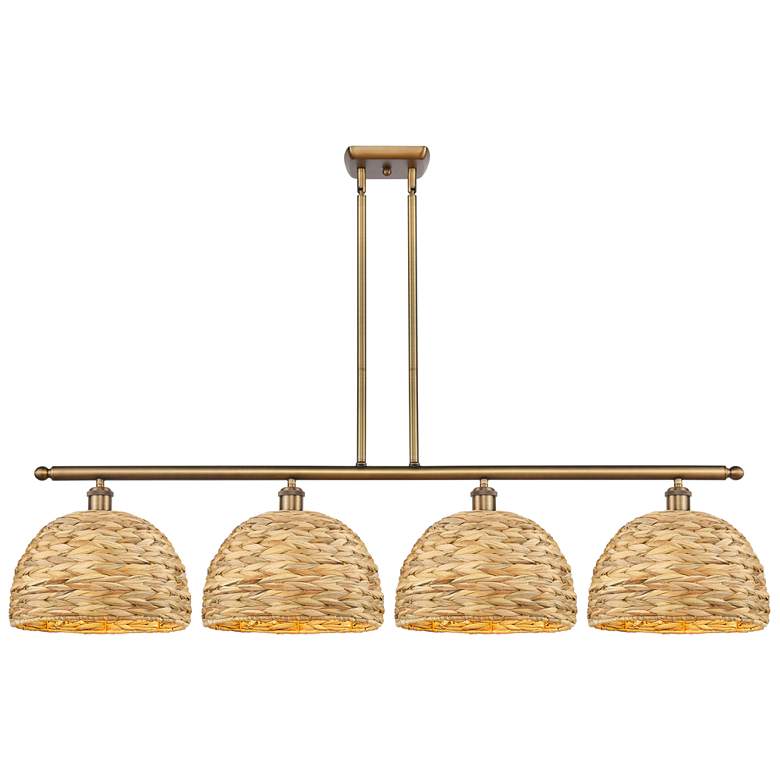 Image 1 Woven Rattan 50"W 4 Light Brushed Brass Stem Island Light w/ Natural S