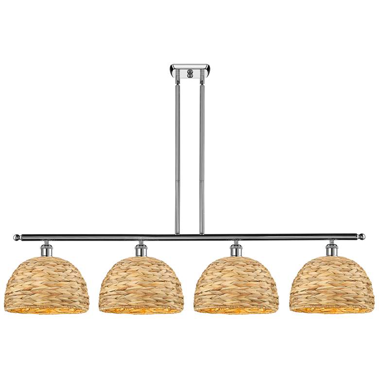 Image 1 Woven Rattan 50"W 4 Light Chrome Stem Island Light w/ Natural Shade