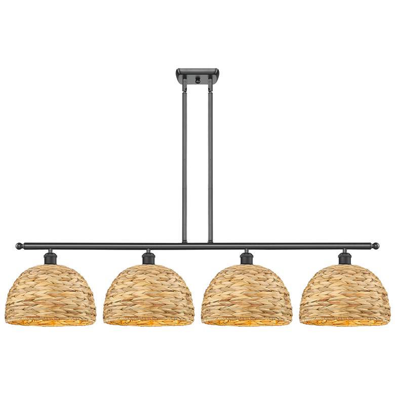 Image 1 Woven Rattan 50"W 4 Light Matte Black Stem Island Light w/ Natural Sha