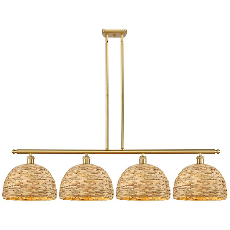 Image 1 Woven Rattan 50"W 4 Light Satin Gold Stem Island Light w/ Natural Shad