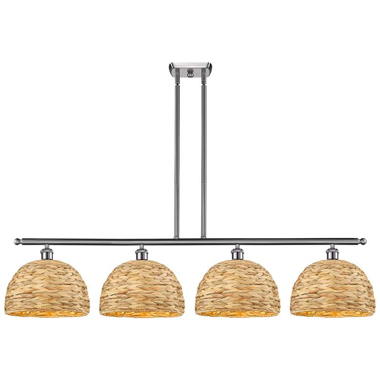 Image 1 Woven Rattan 50"W 4 Light Satin Nickel Stem Island Light w/ Natural Sh