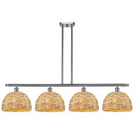 Woven Rattan 50"W 4 Light Satin Nickel Stem Island Light w/ Natural Sh Woven Rattan 50"W 4 Light Satin Nickel Stem Island Light w/ Natural Sh