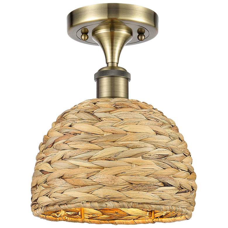 Image 1 Woven Rattan 8" Wide Antique Brass Semi.Flush Mount With Natural Shade