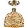 Woven Rattan 8" Wide Antique Brass Semi.Flush Mount With Natural Shade