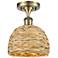 Woven Rattan 8" Wide Antique Brass Semi.Flush Mount With Natural Shade