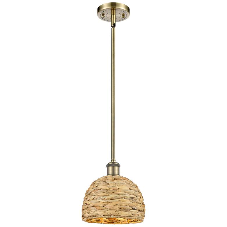 Image 1 Woven Rattan 8" Wide Antique Brass Stem Hung Pendant With Natural Shad