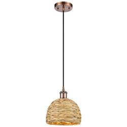 Woven Rattan 8&quot; Wide Antique Copper Corded Pendant With Natural Shade