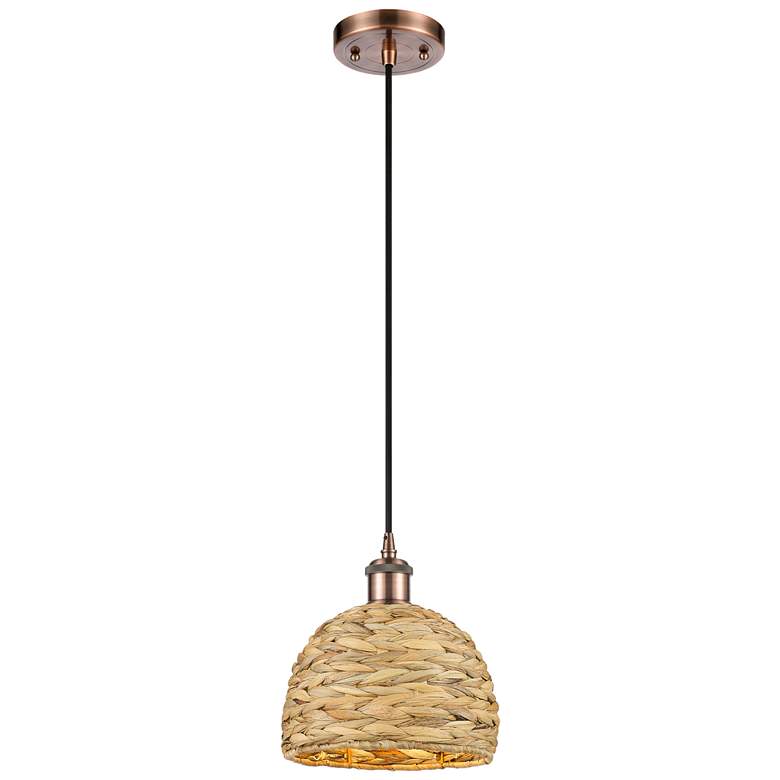 Image 1 Woven Rattan 8" Wide Antique Copper Corded Pendant With Natural Shade