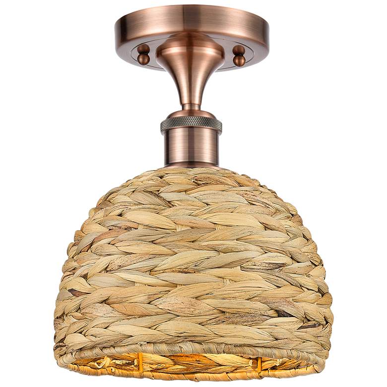 Image 1 Woven Rattan 8" Wide Antique Copper Semi.Flush Mount With Natural Shad