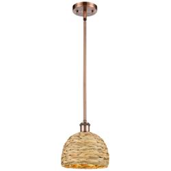 Woven Rattan 8&quot; Wide Antique Copper Stem Hung Pendant With Natural Sha