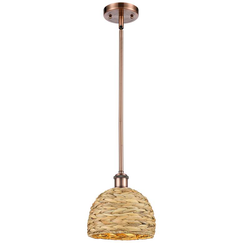 Image 1 Woven Rattan 8" Wide Antique Copper Stem Hung Pendant With Natural Sha