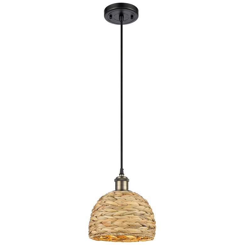 Image 1 Woven Rattan 8" Wide Black Antique Brass Corded Pendant With Natural S