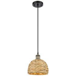 Woven Rattan 8" Wide Black Antique Brass Corded Pendant With Natural S