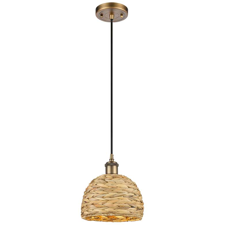 Image 1 Woven Rattan 8" Wide Brushed Brass Corded Pendant With Natural Shade