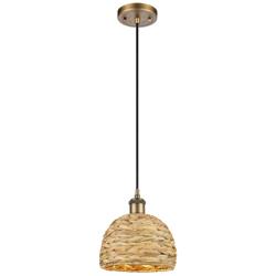 Woven Rattan 8" Wide Brushed Brass Corded Pendant With Natural Shade