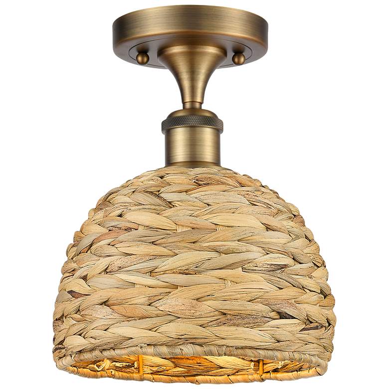 Image 1 Woven Rattan 8" Wide Brushed Brass Semi.Flush Mount With Natural Shade