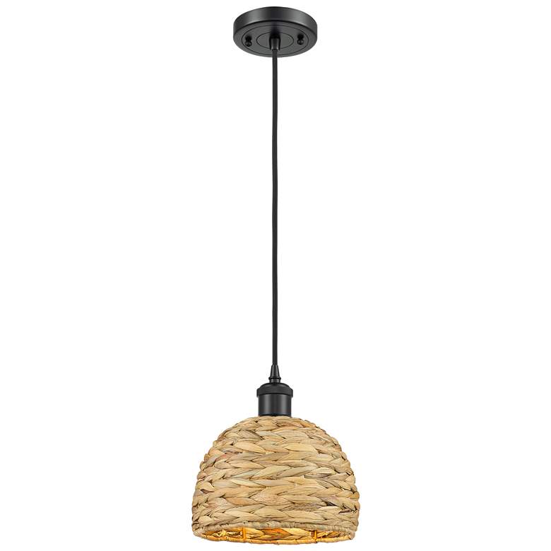 Image 1 Woven Rattan 8" Wide Matte Black Mini Pendant