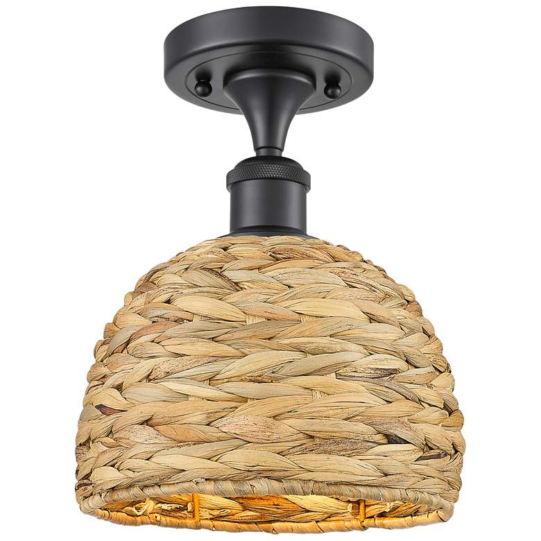 Image 1 Woven Rattan 8" Wide Matte Black Semi.Flush Mount With Natural Shade