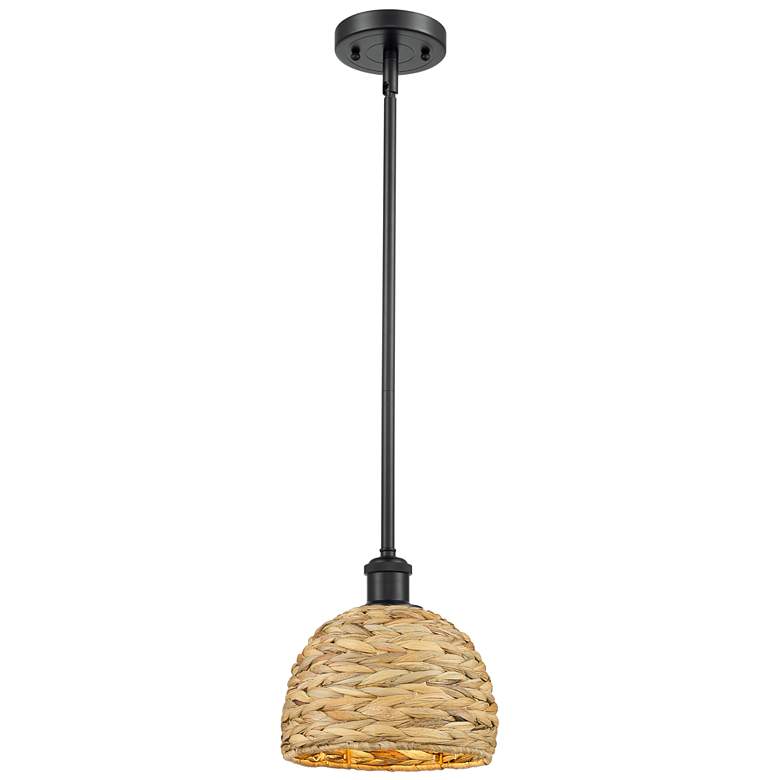 Image 1 Woven Rattan 8" Wide Matte Black Stem Hung Pendant With Natural Shade