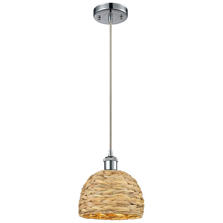 Image 1 Woven Rattan 8 inch Wide Polished Chrome Corded Pendant With Natural Shade