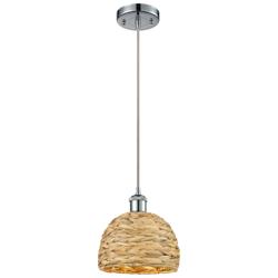 Woven Rattan 8&quot; Wide Polished Chrome Corded Pendant With Natural Shade