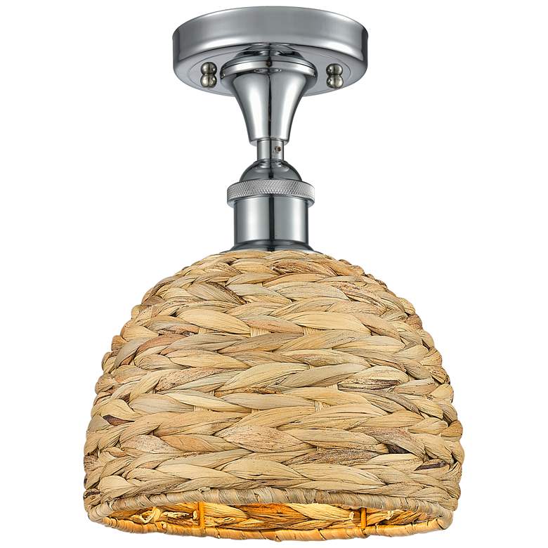 Image 1 Woven Rattan 8 inch Wide Polished Chrome Semi.Flush Mount With Natural Sha