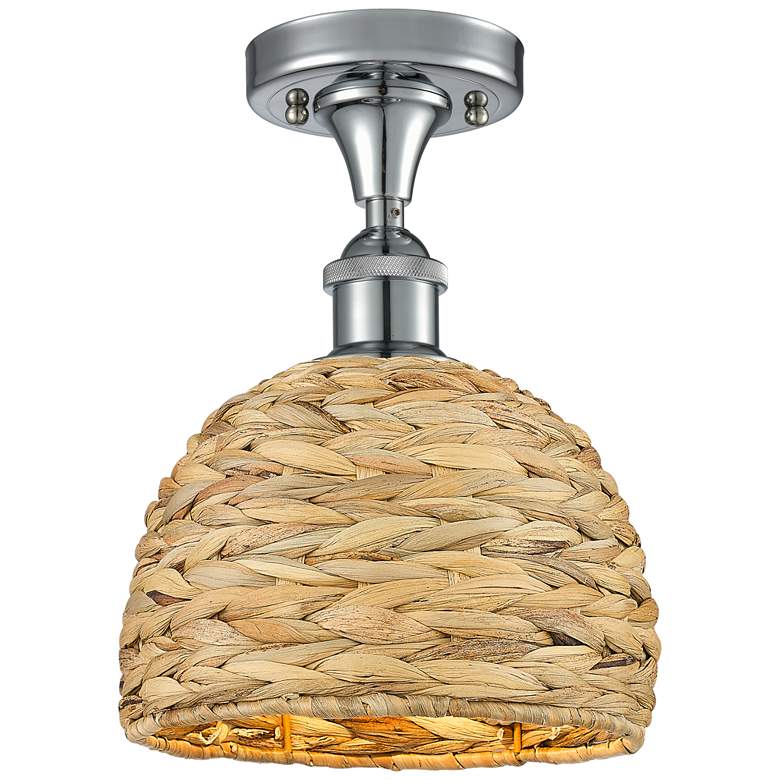Image 1 Woven Rattan 8" Wide Polished Chrome Semi.Flush Mount With Natural Sha