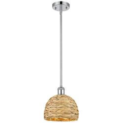 Woven Rattan 8&quot; Wide Polished Chrome Stem Hung Pendant With Natural Sh
