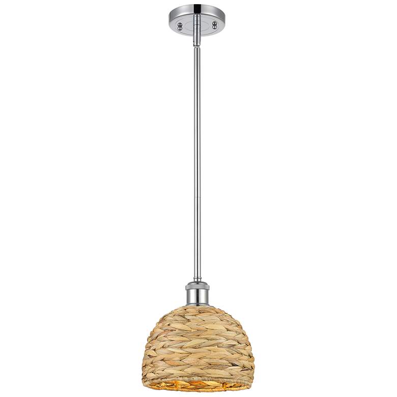 Image 1 Woven Rattan 8" Wide Polished Chrome Stem Hung Pendant With Natural Sh