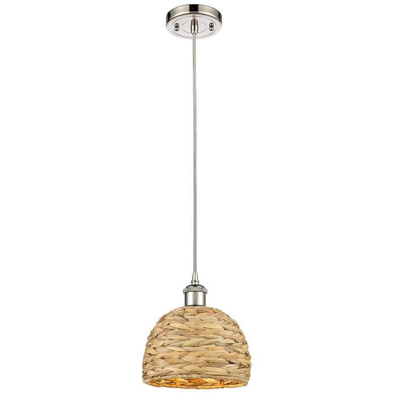 Image 1 Woven Rattan 8" Wide Polished Nickel Corded Pendant With Natural Shade