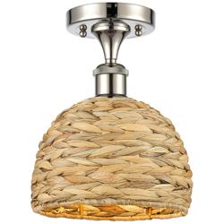 Woven Rattan 8&quot; Wide Polished Nickel Semi.Flush Mount With Natural Sha