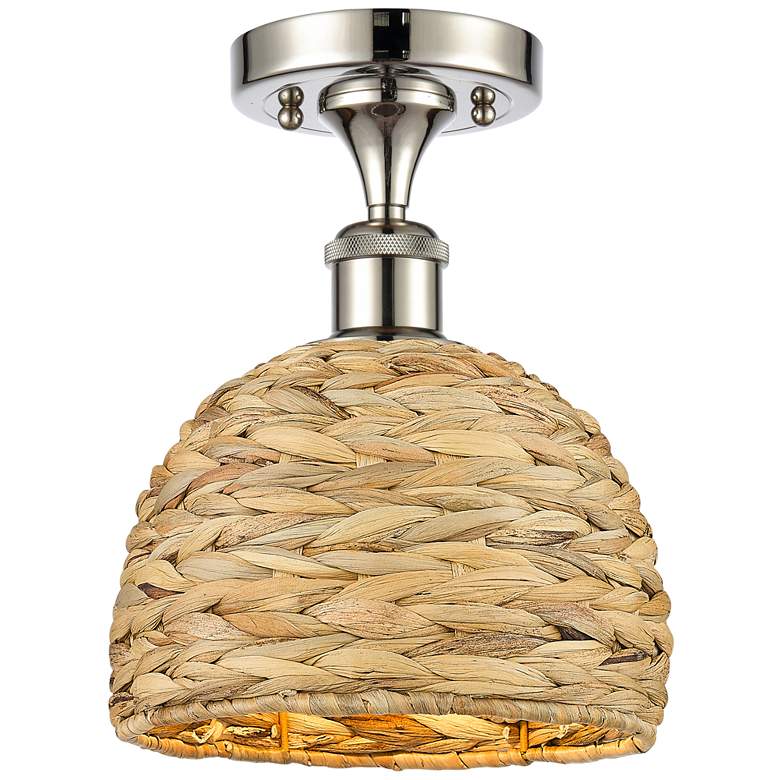Image 1 Woven Rattan 8" Wide Polished Nickel Semi.Flush Mount With Natural Sha