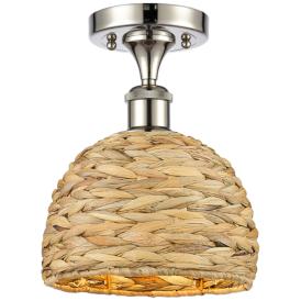 Woven Rattan 8" Wide Polished Nickel Semi.Flush Mount With Natural Sha Woven Rattan 8" Wide Polished Nickel Semi.Flush Mount With Natural Sha