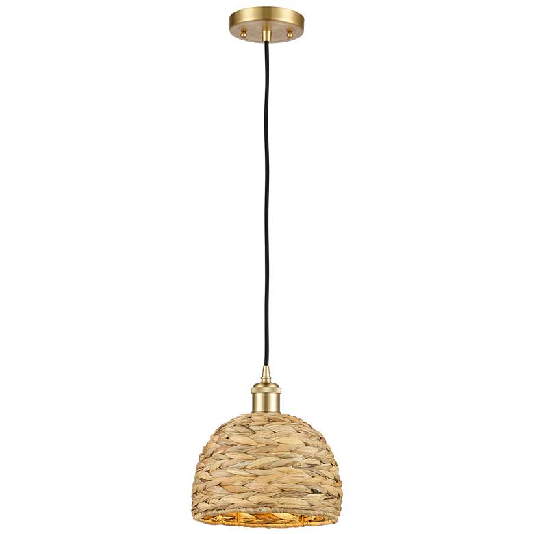 Image 1 Woven Rattan 8 inch Wide Satin Gold Corded Pendant With Natural Shade