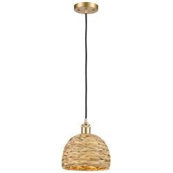 Woven Rattan 8&quot; Wide Satin Gold Corded Pendant With Natural Shade