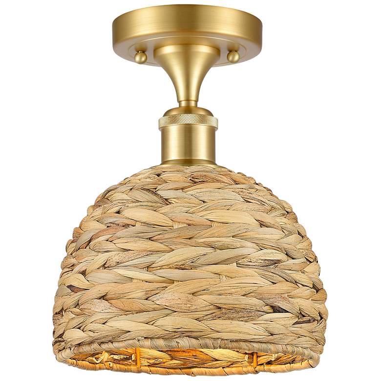 Image 1 Woven Rattan 8" Wide Satin Gold Semi.Flush Mount With Natural Shade