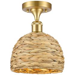 Woven Rattan 8&quot; Wide Satin Gold Semi.Flush Mount With Natural Shade