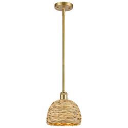 Woven Rattan 8&quot; Wide Satin Gold Stem Hung Pendant With Natural Shade