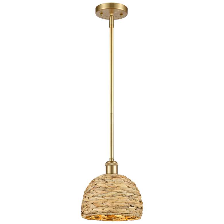 Image 1 Woven Rattan 8" Wide Satin Gold Stem Hung Pendant With Natural Shade