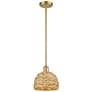 Woven Rattan 8" Wide Satin Gold Stem Hung Pendant With Natural Shade