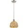 Woven Rattan 8" Wide Satin Nickel Corded Pendant With Natural Shade