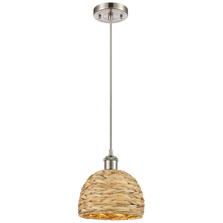 Image 1 Woven Rattan 8" Wide Satin Nickel Corded Pendant With Natural Shade