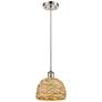 Woven Rattan 8" Wide Satin Nickel Corded Pendant With Natural Shade