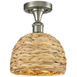 Woven Rattan 8&quot; Wide Satin Nickel Semi.Flush Mount With Natural Shade