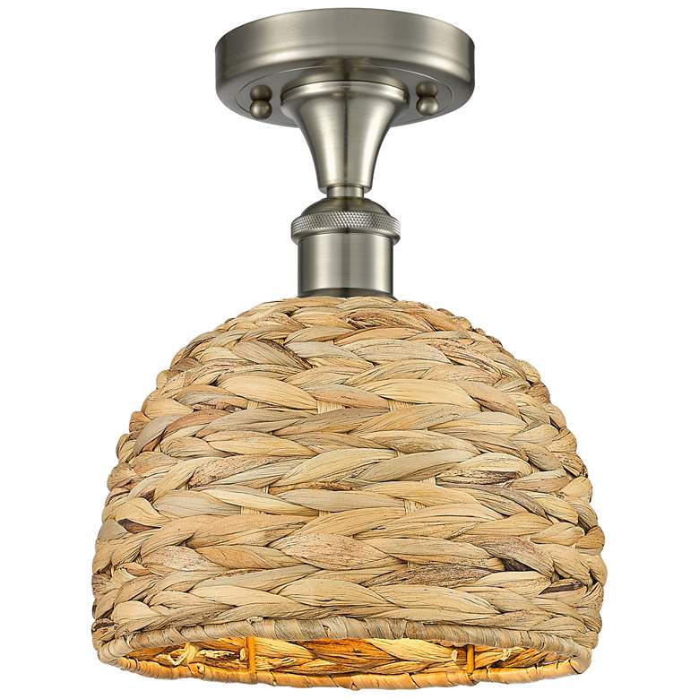 Image 1 Woven Rattan 8" Wide Satin Nickel Semi.Flush Mount With Natural Shade