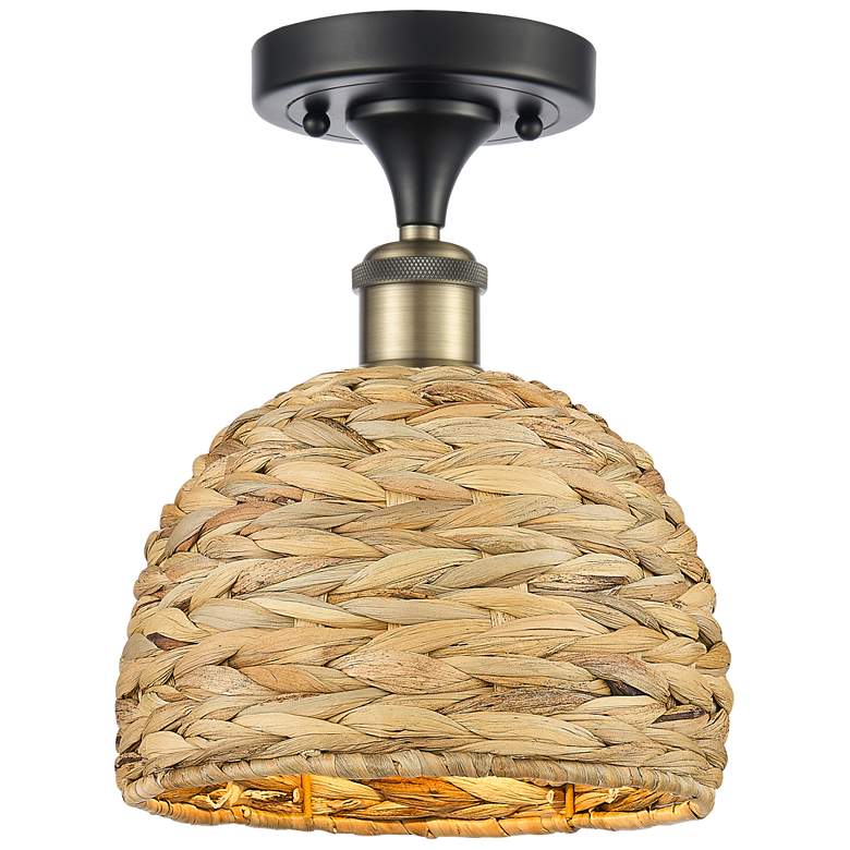 Image 1 Woven Rattan 8"W Black Antique Brass Semi.Flush Mount With Natural Sha