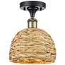 Woven Rattan 8"W Black Antique Brass Semi.Flush Mount With Natural Sha