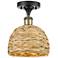 Woven Rattan 8"W Black Antique Brass Semi.Flush Mount With Natural Sha