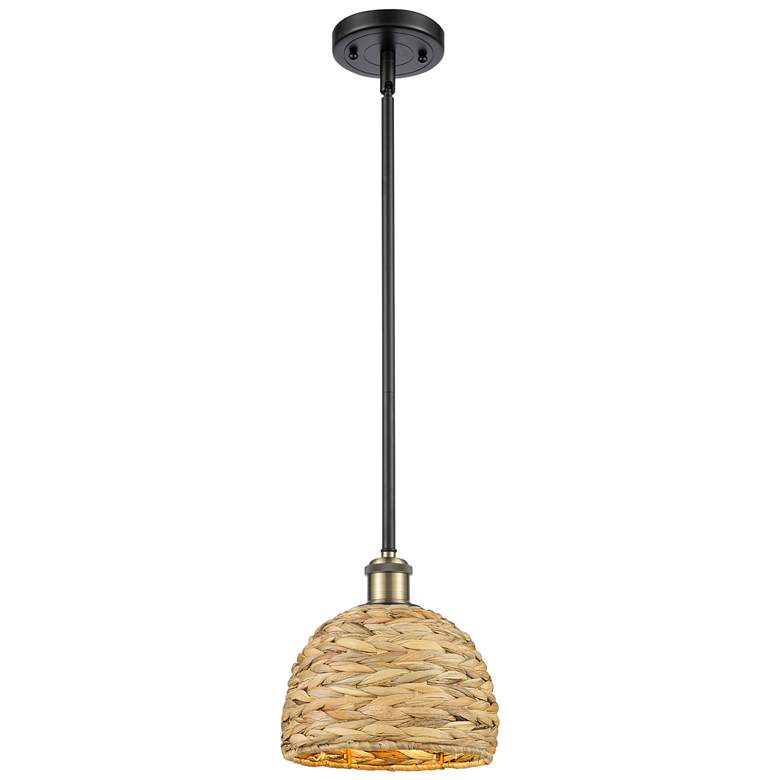 Image 1 Woven Rattan 8"W Black Antique Brass Stem Hung Pendant With Natural Sh